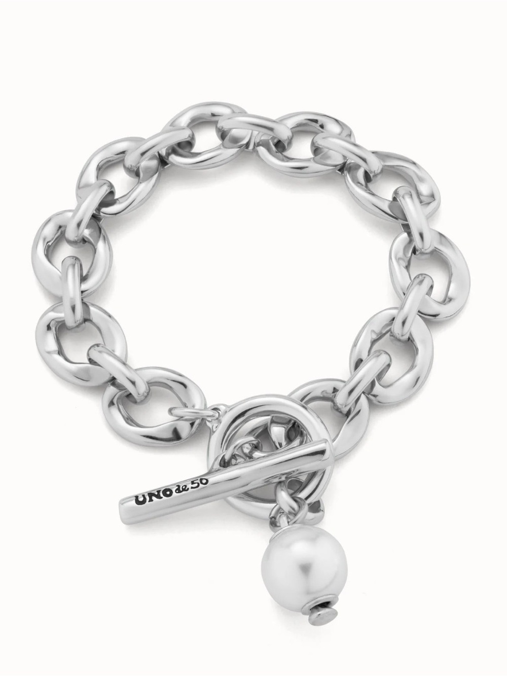 UNO de 50 Silver-Tone Chunky Link Bracelet with Pearl Charm